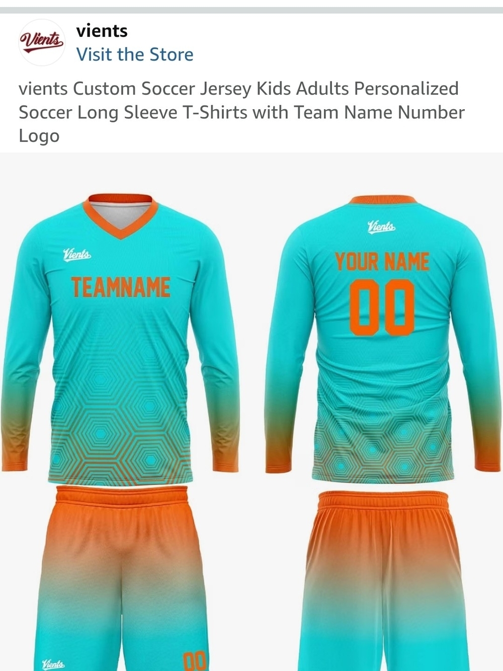 Vients Men's Long-Sleeve Soccer Jersey - Turquoise with Orange Accents